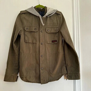 Legendary Good Mens Small Hooded Olive Green Military Style Jacket Snap closure